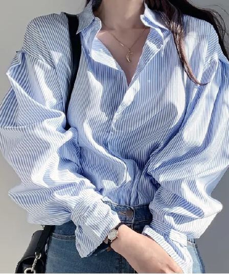 chic 한국 느긋한 다용도 미니멀리즘 디자인 센스 작은 대중 핀 스트라이프 루즈핏 긴팔 셔츠 여성 셔츠