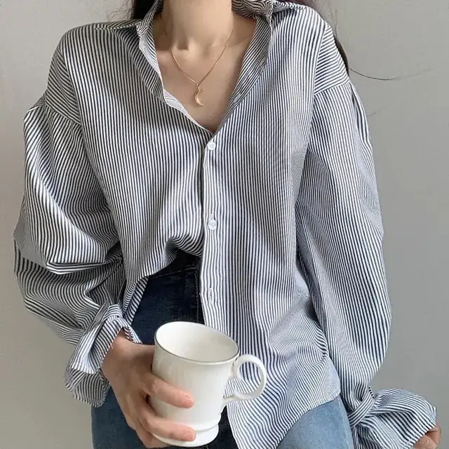 한국산 봄여름용 세로 줄무늬 긴소매 셔츠 상세 이미지 3
