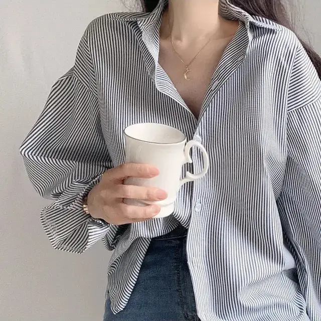 한국산 봄여름용 세로 줄무늬 긴소매 셔츠 상세 이미지 4