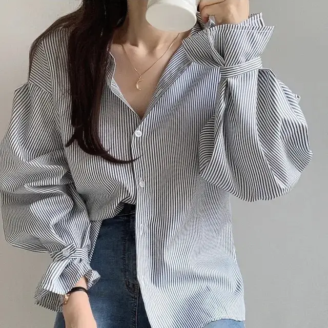 한국산 봄여름용 세로 줄무늬 긴소매 셔츠 상세 이미지 5