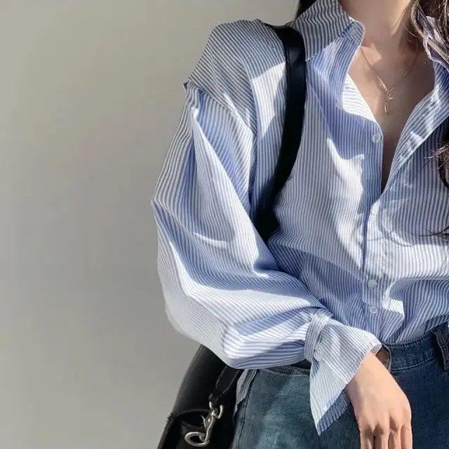 한국산 봄여름용 세로 줄무늬 긴소매 셔츠 상세 이미지 7