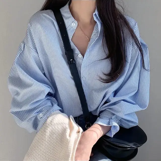 한국산 봄여름용 세로 줄무늬 긴소매 셔츠 상세 이미지 8