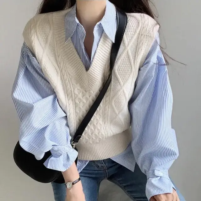 한국산 봄여름용 세로 줄무늬 긴소매 셔츠 상세 이미지 9