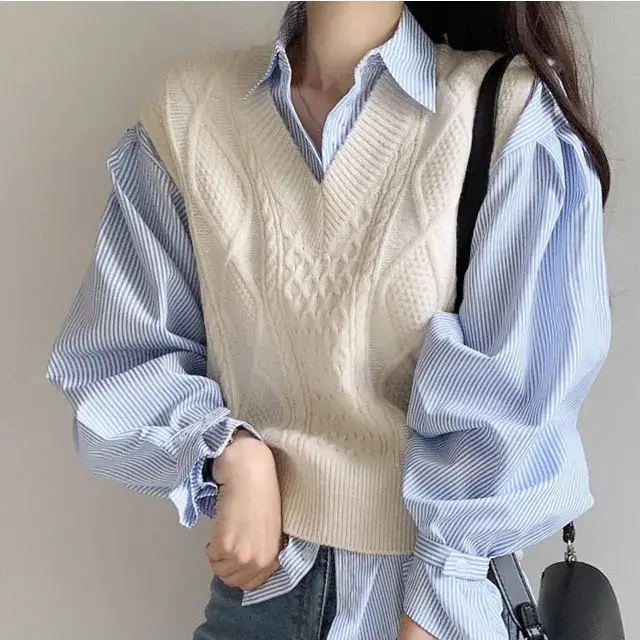 한국산 봄여름용 세로 줄무늬 긴소매 셔츠 상세 이미지 10