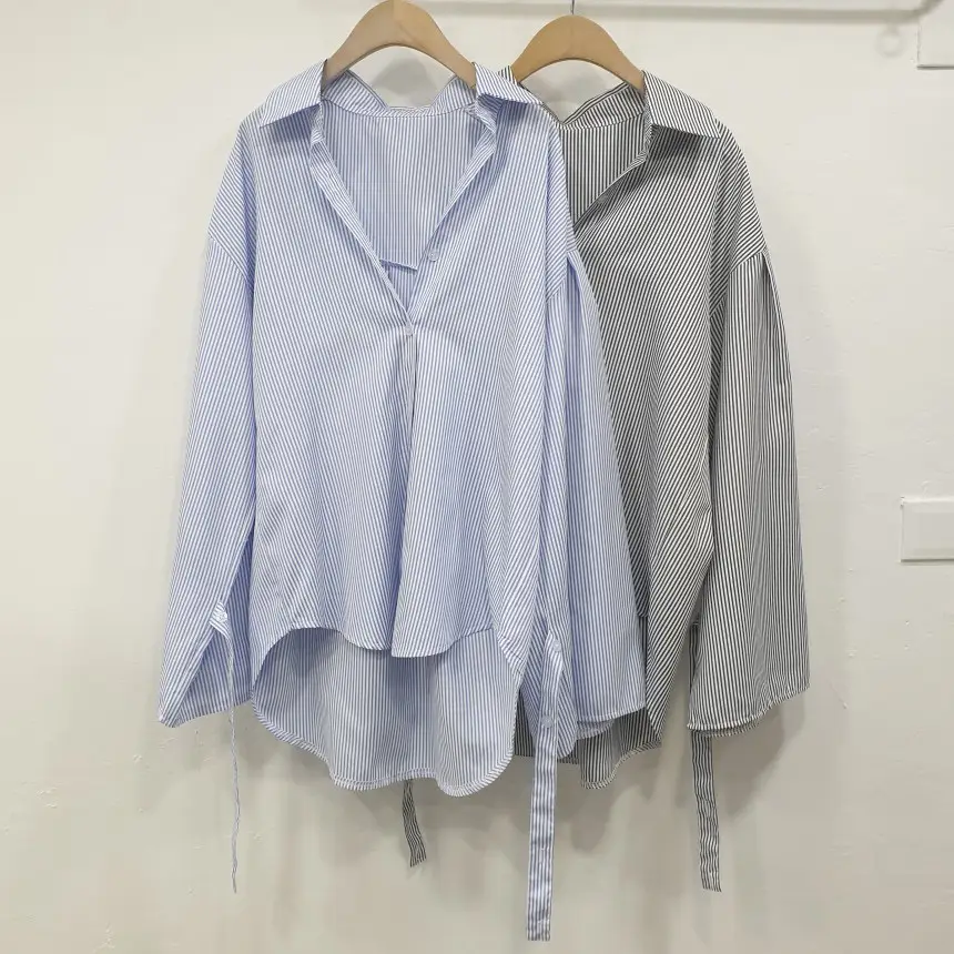한국산 봄여름용 세로 줄무늬 긴소매 셔츠 상세 이미지 11