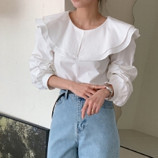 批发chic 春季<b class='q'>韩版</b>简约双层娃娃领泡泡长袖衬衫衬衣上衣