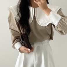 批发chic 韩国春季新款法式小众花边百搭撞色双层<b class='q'>娃娃领</b>套头<b class='q'>衬衫</b>上衣