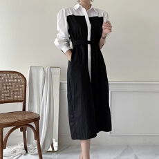批发韩国chic 新款春季法式轻奢复古小众撞色泡泡袖系带衬衫裙<b class='q'>连衣裙</b>