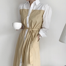 批发韩国chic 新款春季法式轻奢复古小众撞色泡泡袖系带衬衫裙连衣裙