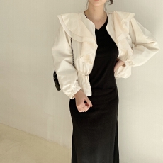 批发chic 韩版春季法式时尚简约荷叶边抽绳收腰短款风衣拉链夹克外套