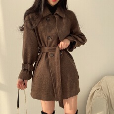 批发尺寸已更新 chic 秋冬韩版法式小众翻领系带复古<b class='q'>风衣</b>毛呢外套大衣