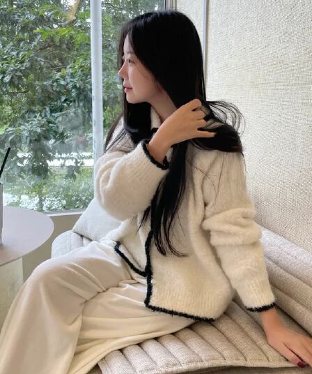 chic 한 부서 가을 겨울 부드러운 연령 감소 배색 폴로 칼라 싱글 줄 버튼 오픈 가디건 캐주얼 다용도 니트 스웨터 스웨터