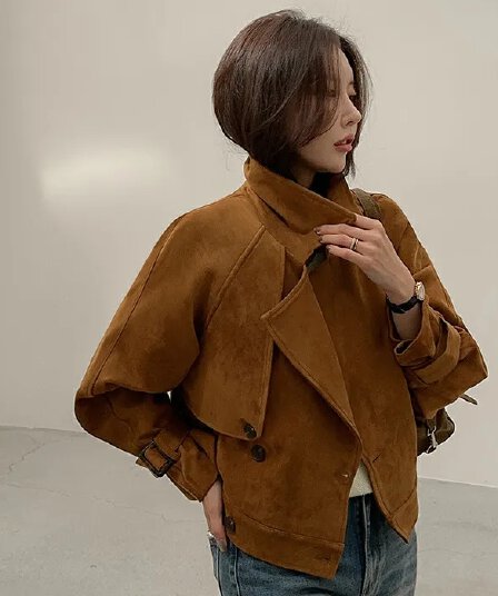 ins 한국 가을 겨울 작은 대중 레트로 폴로 칼라 고급 센스 품격 스웨이드 원단 쇼트 스타일 이중 버튼 재킷 재킷