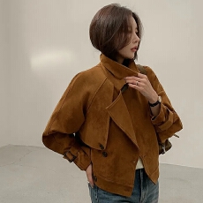 批发ins 韩国小众复古翻领高级感气质麂皮绒短款<b class='q'>双排扣</b>风衣外套