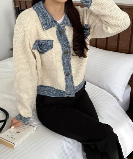 chic 한 부서 가을 겨울 레트로 패치워크 배색 연령 감소 작은 샤넬 스타일 패션 오픈 가디건 니트 스웨터 작은 외투