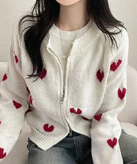 chic 한 부서 가을 겨울 달콤함 연령 감소 하트 디자인 센스 지퍼 오픈 가디건 다용도 니트 스웨터 스웨터 맨위