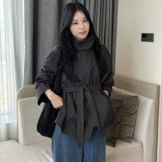 批发chic 韩版秋冬简约高级感英伦风立领宽松系带百搭短款风衣外套