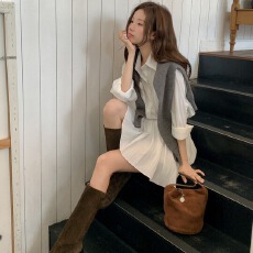 批发chic 韩系春季时尚气质翻领复古口袋百褶<b class='q'>衬衫</b>裙连衣裙配腰带