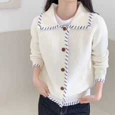 批发chic 韩系秋冬慵懒翻领撞色设计感宽松休闲<b class='q'>开衫</b><b class='q'>针织</b>衫毛衣上衣