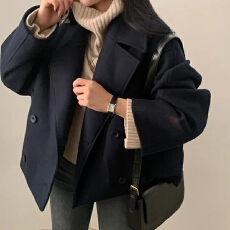 批发chic 韩版冬季复古英伦高级感翻领<b class='q'>双排扣</b>短款百搭毛呢风衣外套