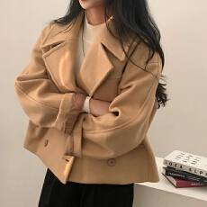 批发chic <b class='q'>韩版</b>冬季复古英伦高级感翻领双排扣短款百搭毛呢风衣外套