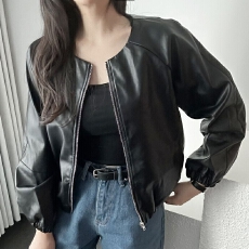 批发chic 韩版秋冬气质个性简约圆领拉链短款机车棒球服夹克皮衣外套