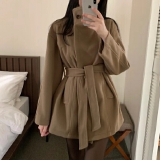 批发chic 韩版冬季时尚复古高领英伦系带收腰休闲毛呢风衣外套大衣
