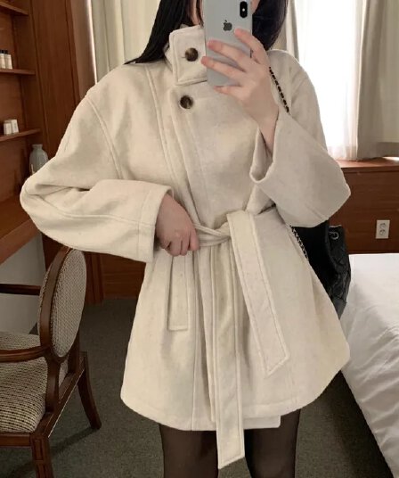 chic 한국 스타일 겨울 패션 레트로 터틀넥 영국식 레이스업 허리 수축 캐주얼 모직 바람막이 외투