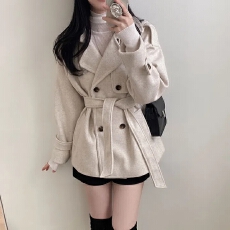 批发chic <b class='q'>韩版</b>冬季法式小众气质英伦复古双排扣系带毛呢风衣外套大衣