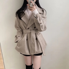 批发chic 韩版冬季法式小众气质英伦复古<b class='q'>双排扣</b>系带毛呢<b class='q'>风衣</b>外套大衣