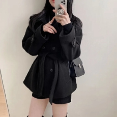 批发chic 韩版冬季法式小众气质英伦复古<b class='q'>双排扣</b>系带毛呢<b class='q'>风衣</b>外套大衣