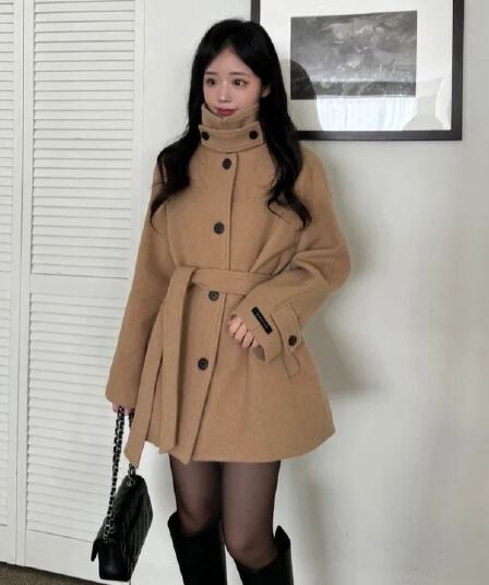 chic 한국 겨울 프랑스식 품격 터틀넥 보온 싱글 줄 버튼 레이스업 허리 수축 루즈핏 모직 외투