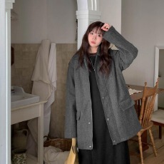 批发chic 韩版冬季复古翻领单排扣拉链休闲慵懒宽松夹克毛呢外套大衣