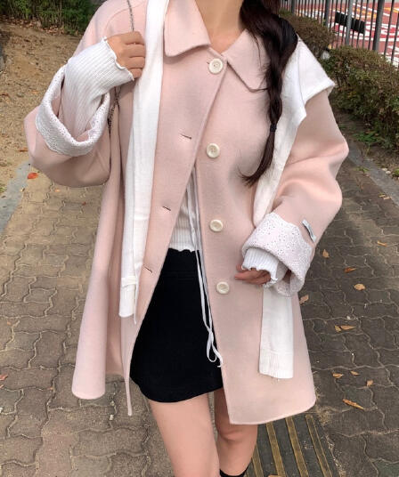 chic 한 부서 겨울 부드러운 달콤함 연령 감소 품격 레이스 디자인 센스 루즈핏 다용도 모직 외투