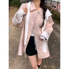 批发chic 韩系冬季温柔甜美减龄气质花边设计感宽松百搭毛呢外套大衣