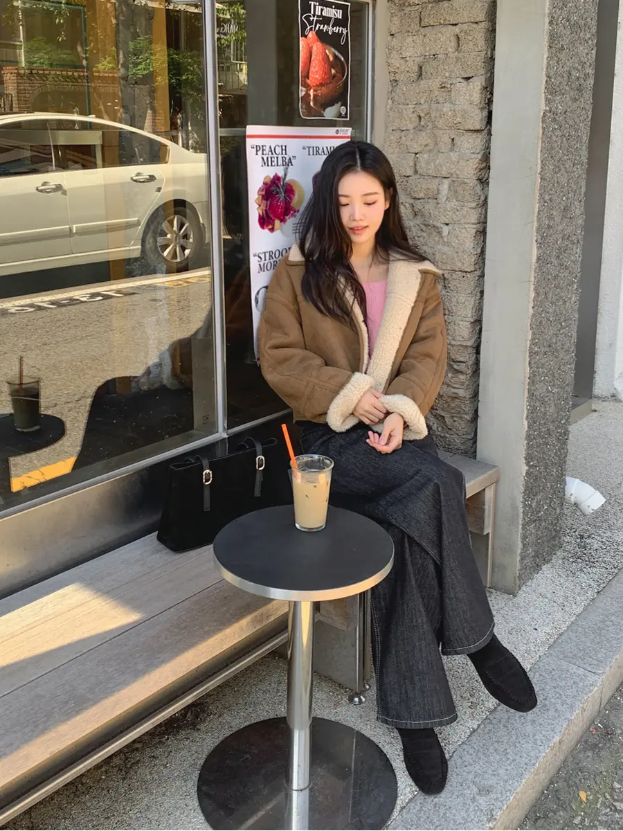 빈티지 폴드 칼라 단추 양털 숏 아우터 상세 이미지 4