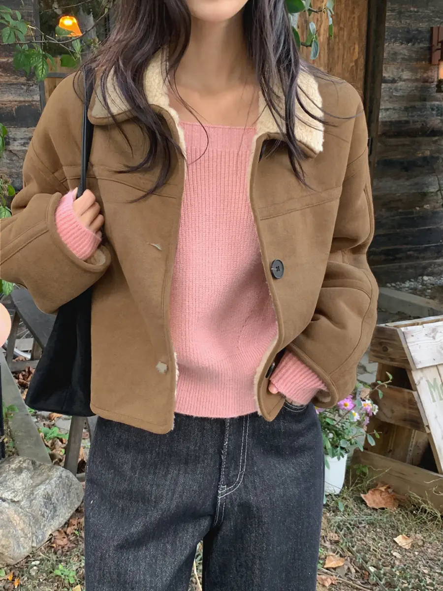 빈티지 폴드 칼라 단추 양털 숏 아우터 상세 이미지 5