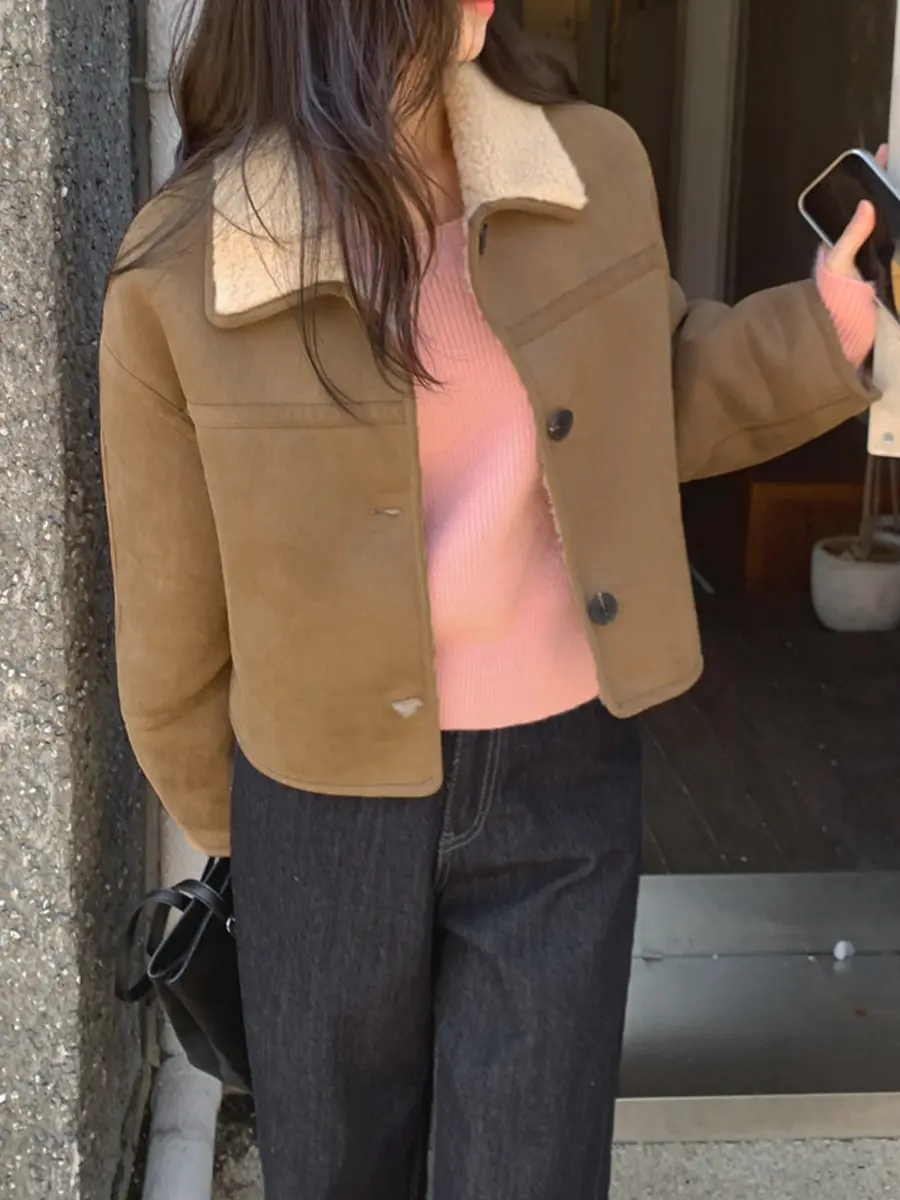빈티지 폴드 칼라 단추 양털 숏 아우터 상세 이미지 7