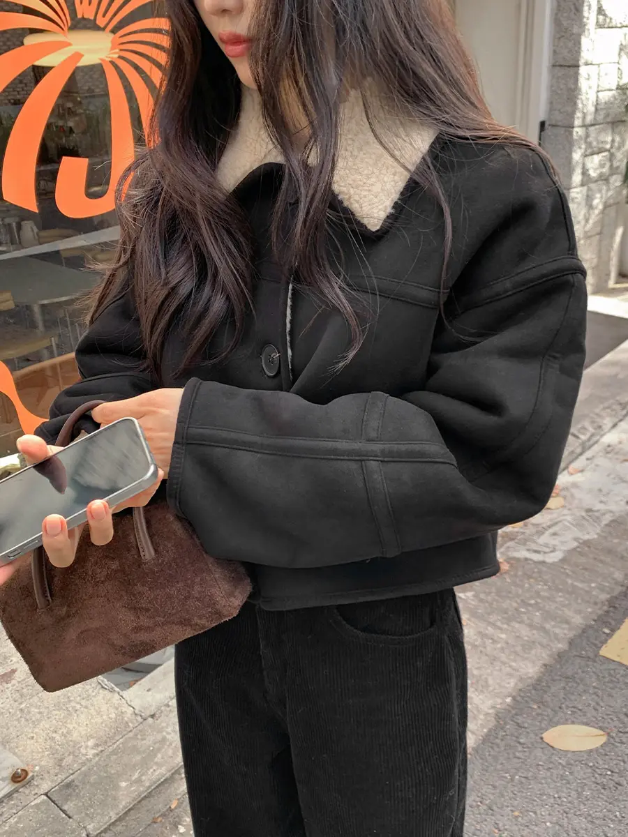 빈티지 폴드 칼라 단추 양털 숏 아우터 상세 이미지 8