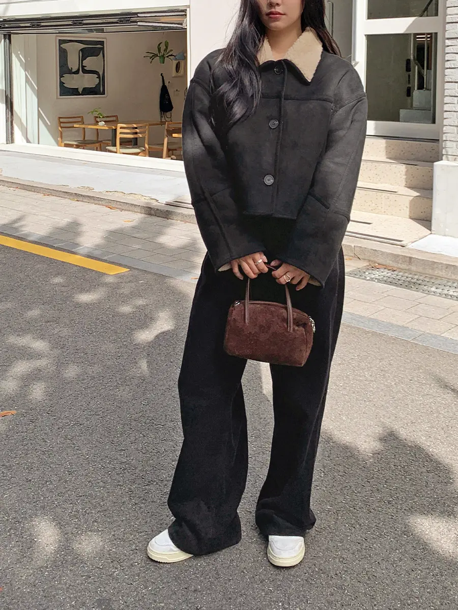 빈티지 폴드 칼라 단추 양털 숏 아우터 상세 이미지 9