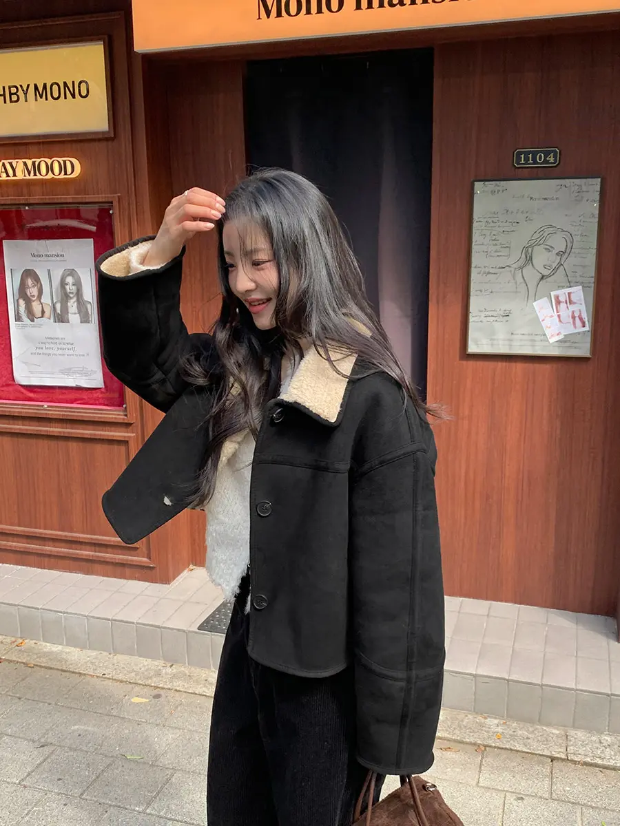 빈티지 폴드 칼라 단추 양털 숏 아우터 상세 이미지 15