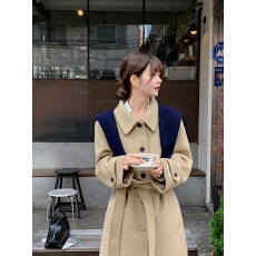 批发chic 韩系<b class='q'>冬</b>季温柔气质翻领单排扣系带收腰中长款毛呢外套大衣
