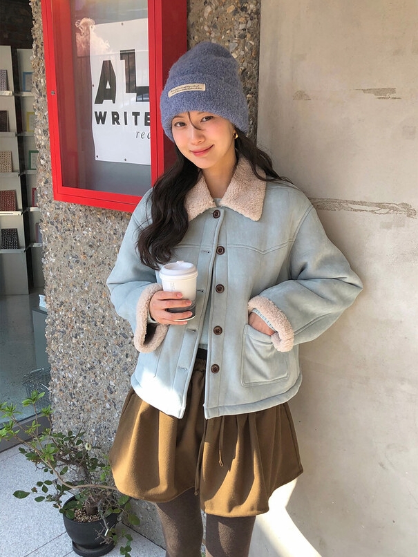 chic 한 부서 겨울 부드러운 패션 스웨이드 원단 폴로 칼라 양털 쇼트 스타일 피모 하나 재킷 재킷