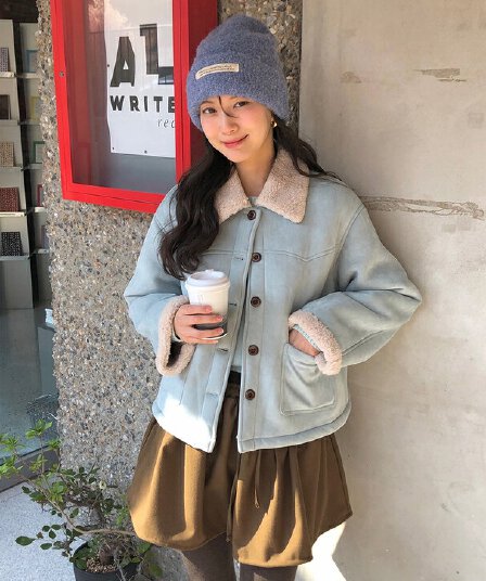 chic 한 부서 겨울 부드러운 패션 스웨이드 원단 폴로 칼라 양털 쇼트 스타일 피모 하나 재킷 재킷