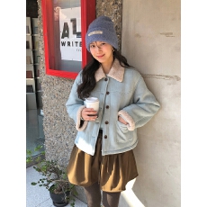 批发chic 韩系冬季温柔时尚麂皮绒翻领羊羔毛短款皮毛一体夹克<b class='q'>外套</b>