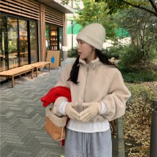 批发chic 韩系冬季温柔甜美简约立领拉链抽绳收腰短款羊羔毛<b class='q'>卫衣</b>外套