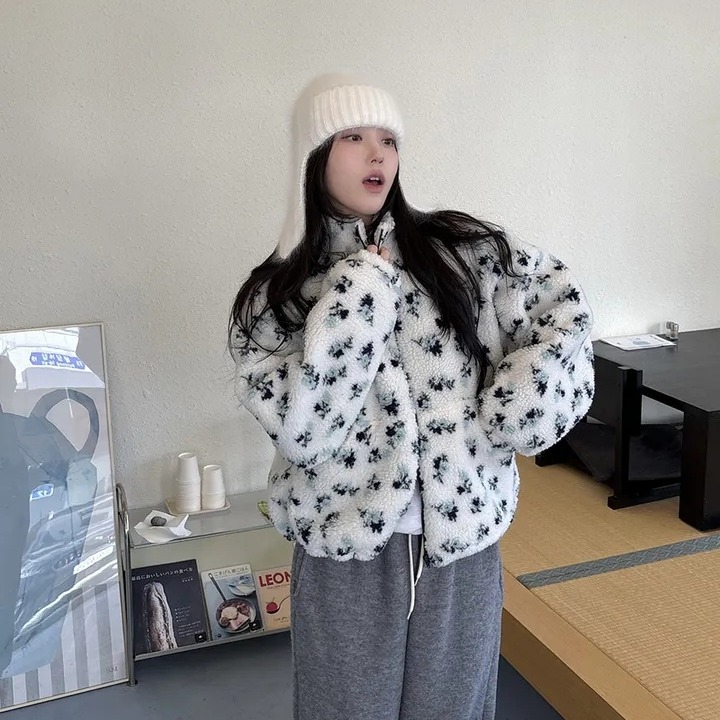 chic 한국 스타일 겨울 패션 연령 감소 꽃무늬 솜을 넣은 레트로 양털 루즈핏 다용도 후드티 재킷 재킷