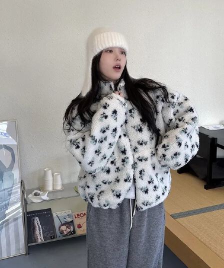 chic 한국 스타일 겨울 패션 연령 감소 꽃무늬 솜을 넣은 레트로 양털 루즈핏 다용도 후드티 재킷 재킷