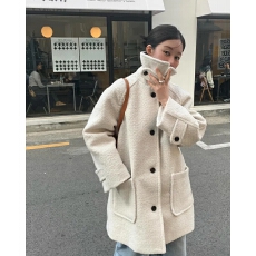 批发chic 韩系冬季温柔时尚立领保暖夹棉加厚圈圈呢毛呢风衣外套大衣