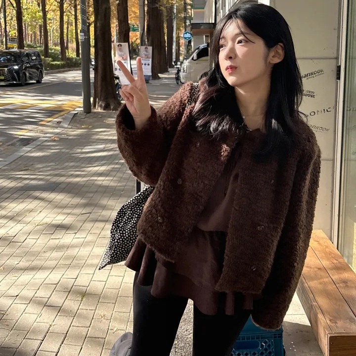 chic 한 부서 겨울 부드러운 패션 작은 샤넬 스타일 미니멀리즘 라운드 넥 이중 버튼 모피 쇼트 스타일 다용도 재킷